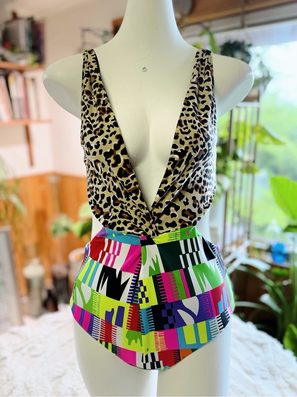 Mara Hoffman Medium One Piece Swimsuit Leopard Print Geometric Colorblock EUC